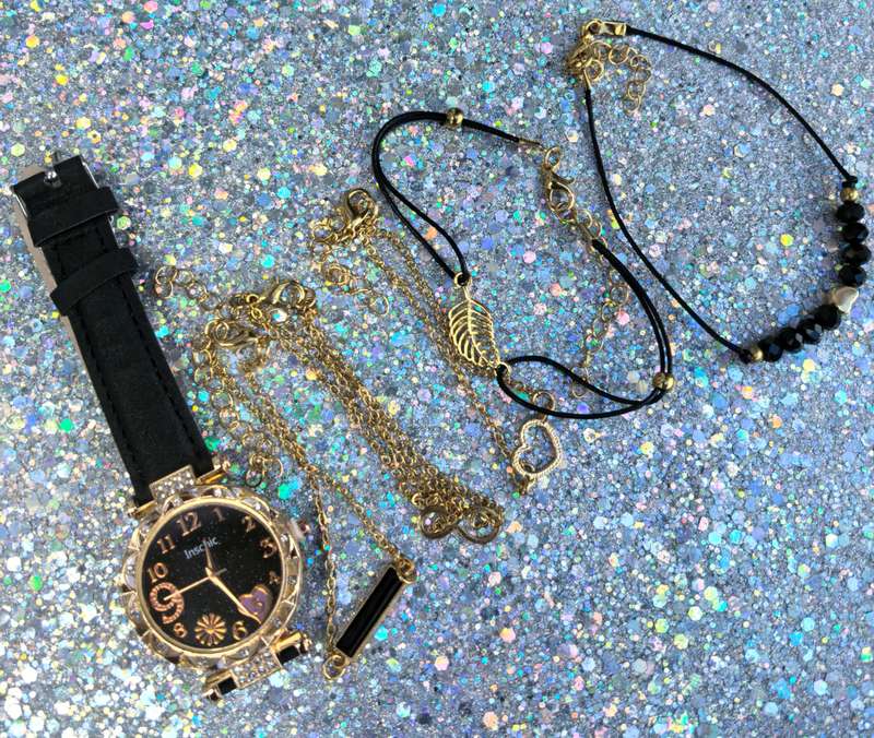 Elegant Black & Gold Watch & Jewelry Set