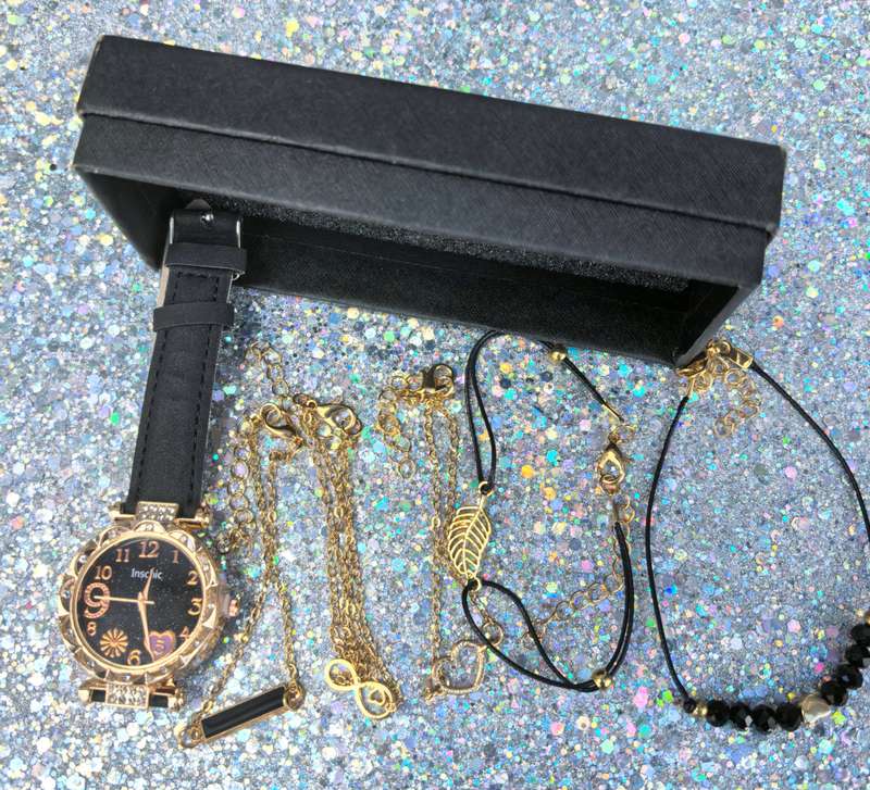 Elegant Black & Gold Watch & Jewelry Set