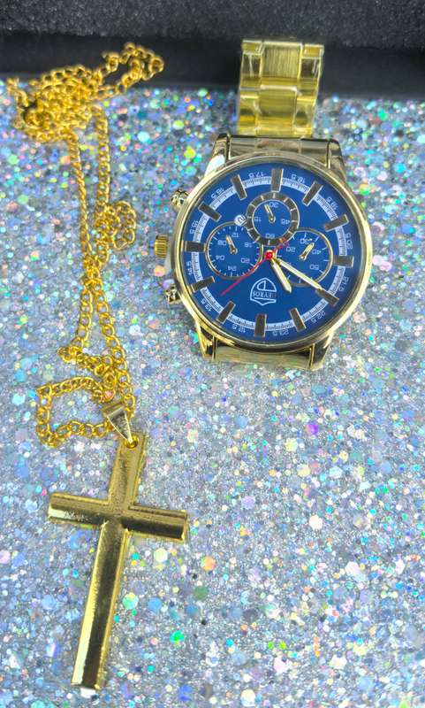 Luxury Gold Watch & Cross Pendant Necklace Set