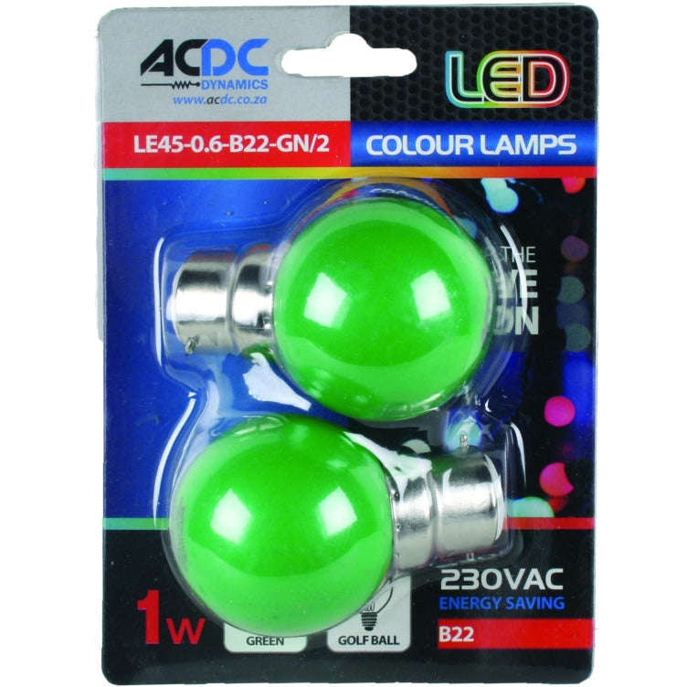230VAC 1W Green B22 Lamp Ball Type - 2 Bulbs