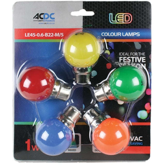 1W B22 Lamp Ball Type Mixed Colour 5 Pack