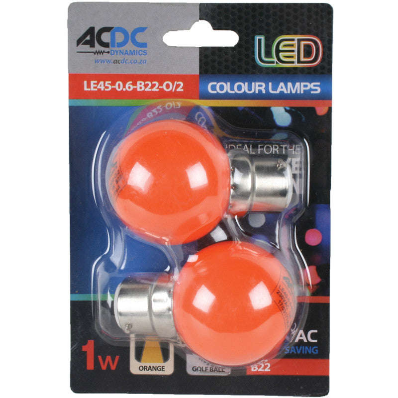 230VAC 1W Orange B22 Lamp Ball Type - 2 Pack