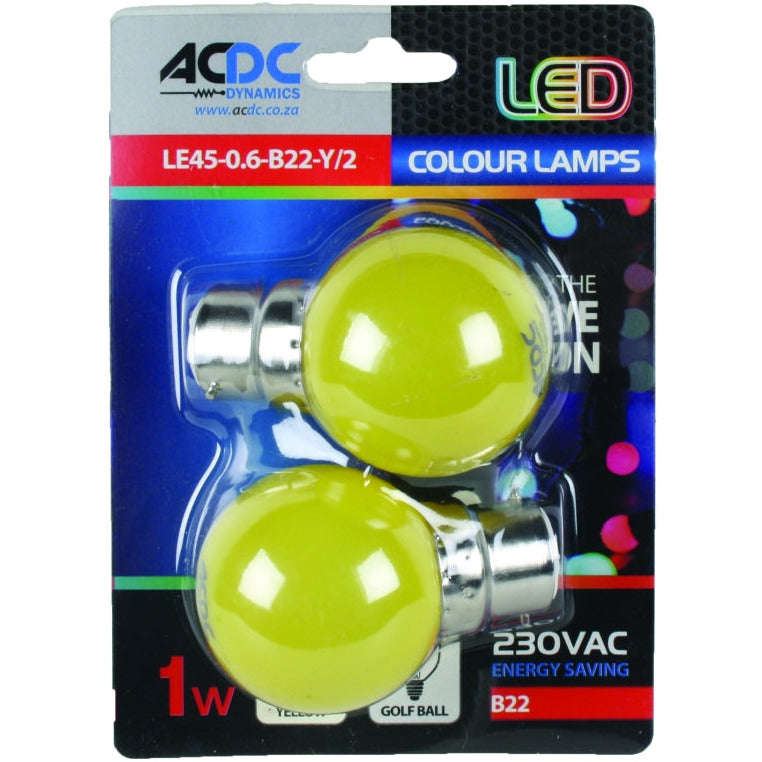 230VAC 1W Yellow B22 Lamp Ball Type - 2 Bulbs