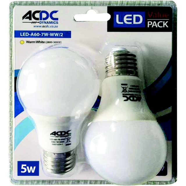 110 240VAC 5W Warm White A60 B22 LED Lamp - 2 Pack