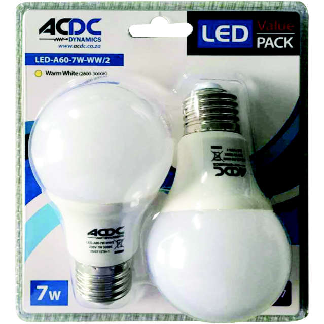 230VAC 7W Cool White A60 E27 LED Lamp - 2 Pack