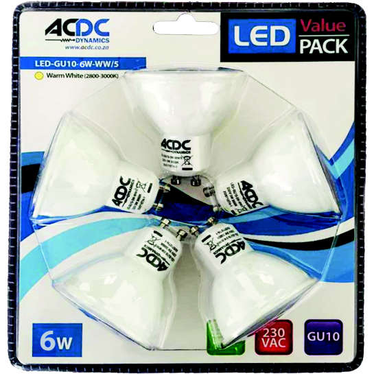 230VAC 6W GU10 Warm White Down Light - 5 Pack