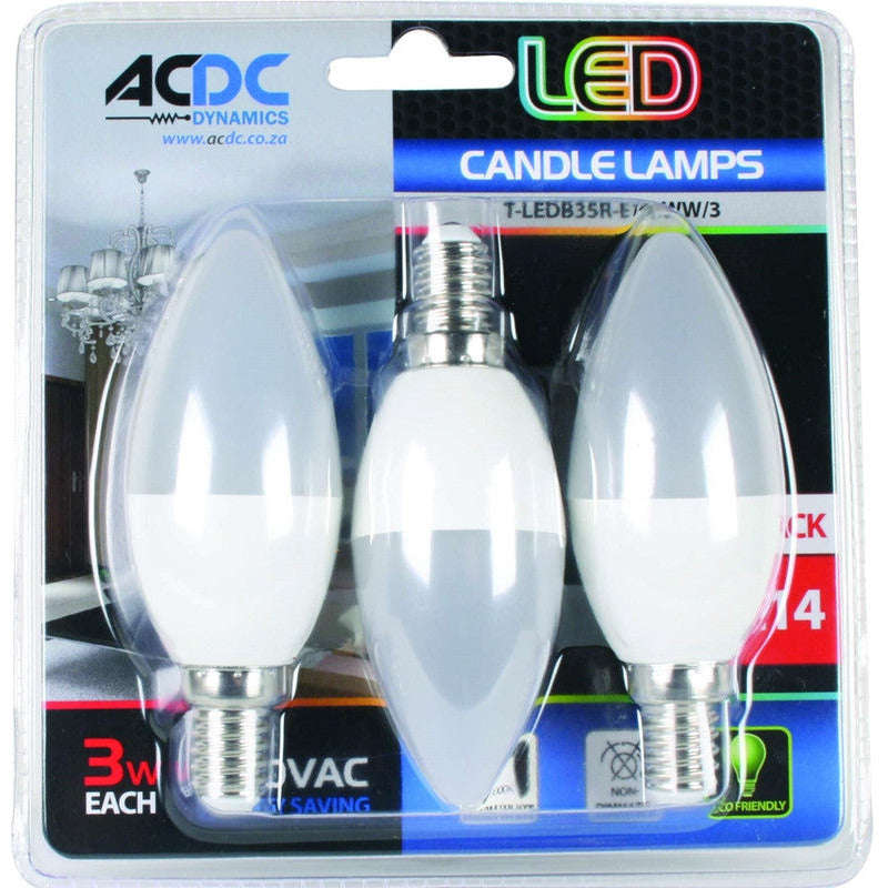 230VAC Cool White LED Candle Lamp 3W E14 - 3 Pack