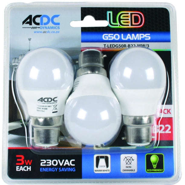 230VAC Warm White LED Lamp 3W E27 - 3 Pack