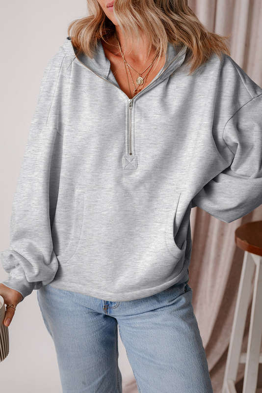 Light Grey Fleece Lined Half Zipper Kangaroo Pockets Loose Hoodie