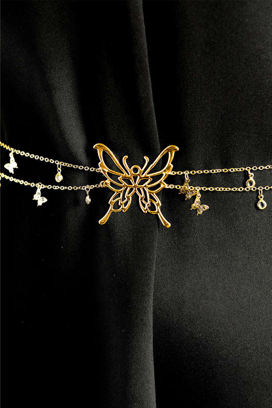 Gold Butterfly Decor Tassel Plate Alloy Layered Waist Chain