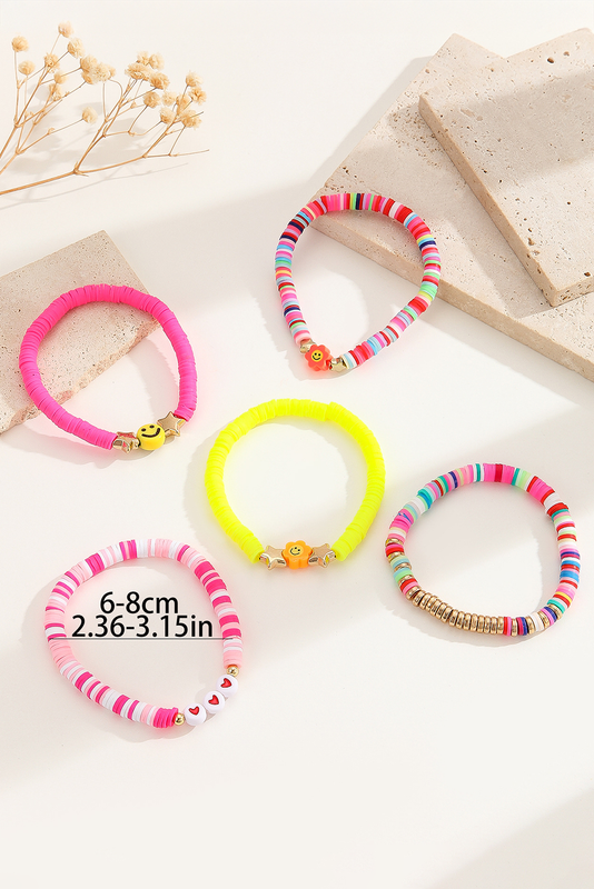Bright Pink Smile Face Flower Beaded 5pcs Bracelet Set (Color of Flower May Vary)