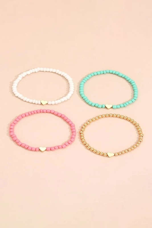 Pink Heart Beaded Multi Layered Bracelet Set