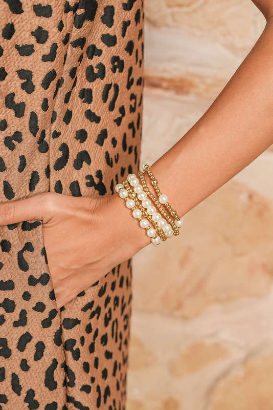 Gold Cross Pearls Decor Plated Beaded Multi Layer Bracelets