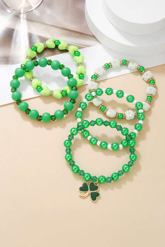 Green Clover Pendant Beaded 5pcs Bracelet Set
