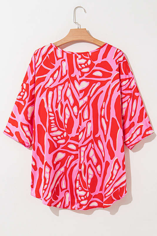 Red Abstract Print V Neck Batwing Sleeve Oversized Blouse