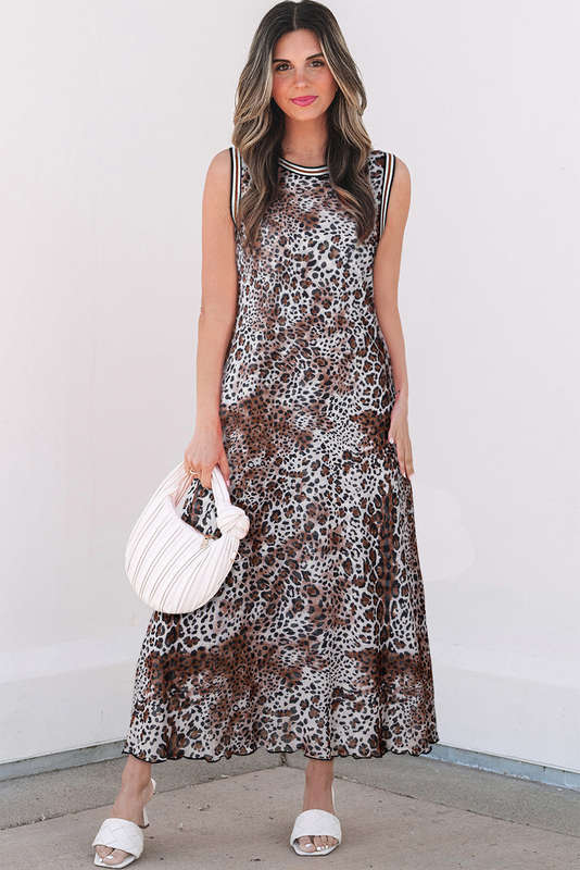 Multicolour Leopard Checkered Double Printed Reversible Sleeveless Long Dress