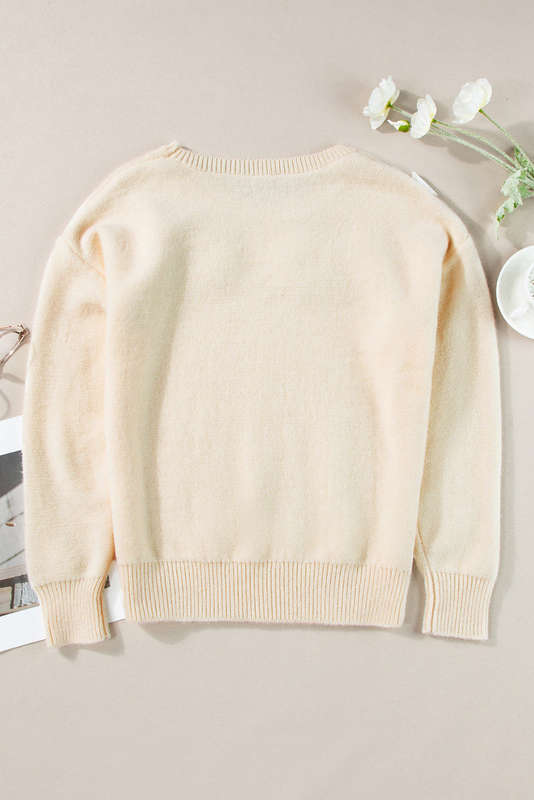 Beige Knitted Flower Pattern Ribbed Edge Sweater