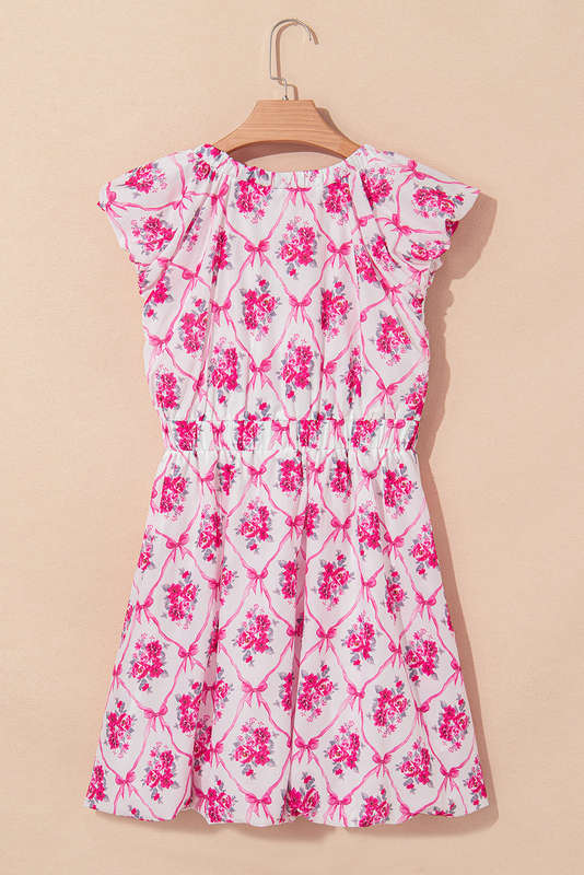Multicolour Bow Lattice Floral Print V Neck Knot Decor Mini Dress