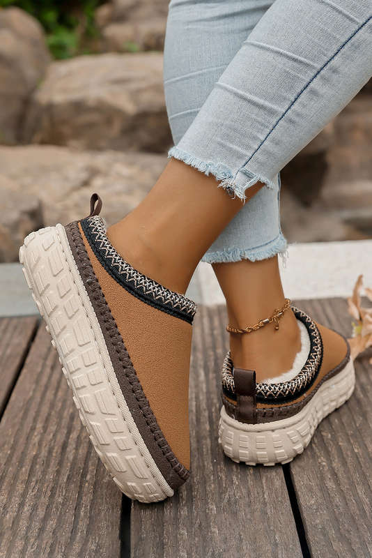 Coffee Contrast Stitch Detail Faux Suede PU Patchwork Plush Winter Clog Slippers