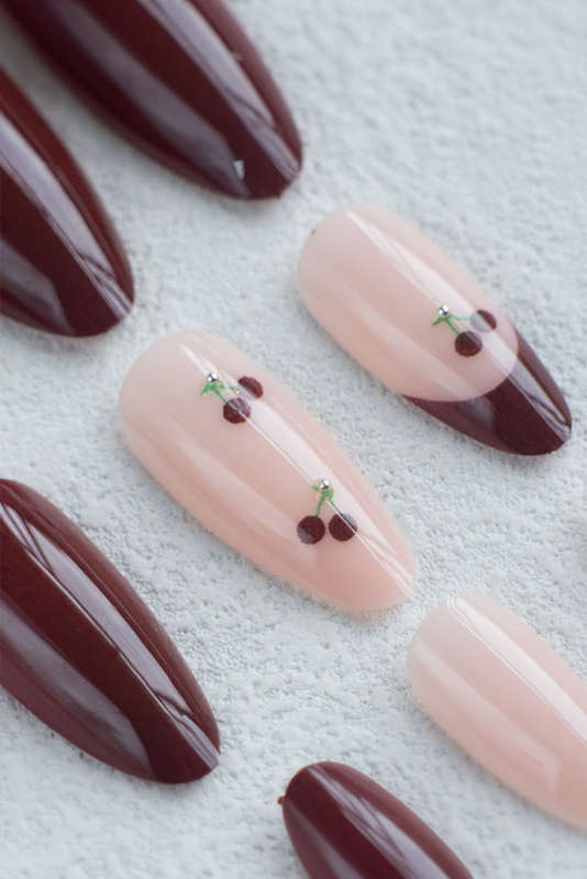 Racing Red Bow Cherry Pearled Almond Shape Nail Stickers with Jelly Glue