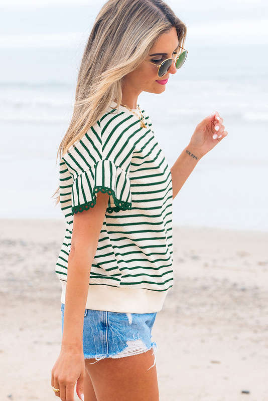 Green Stripe Scallop Lace Trim Ruffle Short Sleeves Crewneck Top