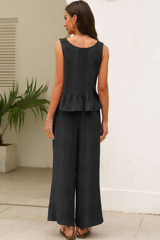 Black Solid Color Ribbed Ruffle Tank Top and Pants Set