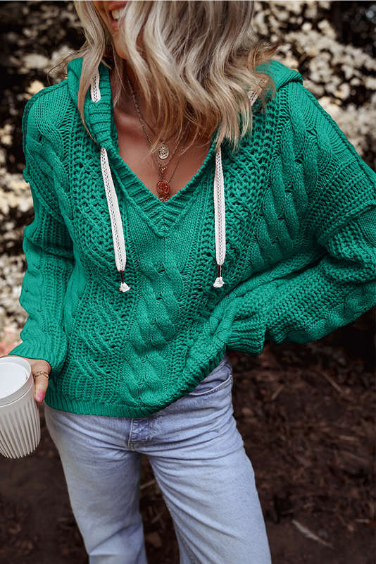 Green Knitted V-Neck Casual Top with Raw Seam Detail