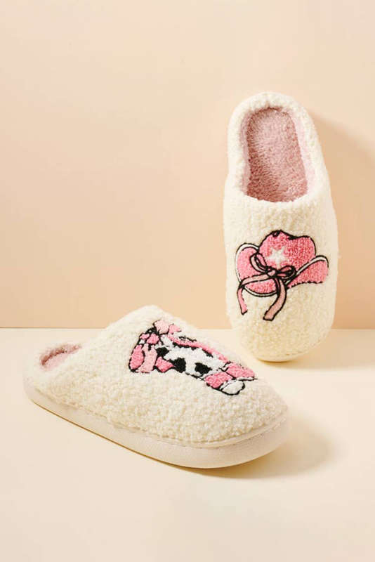White Cowgirl Hat & Boot Printed Plush Thermal Home Slippers