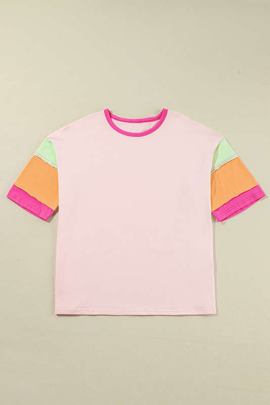 Pink Color Block Stitching Sleeve Round Neck Oversize Top