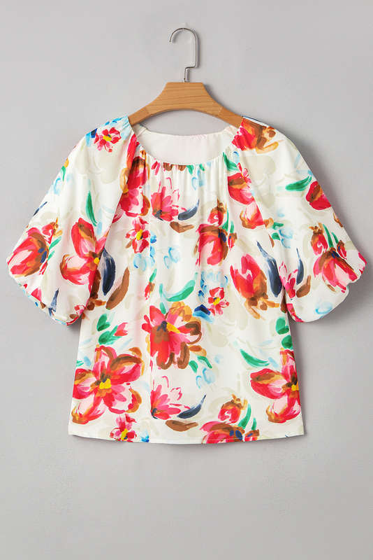 White Floral Print Puffy Half Sleeve Blouse