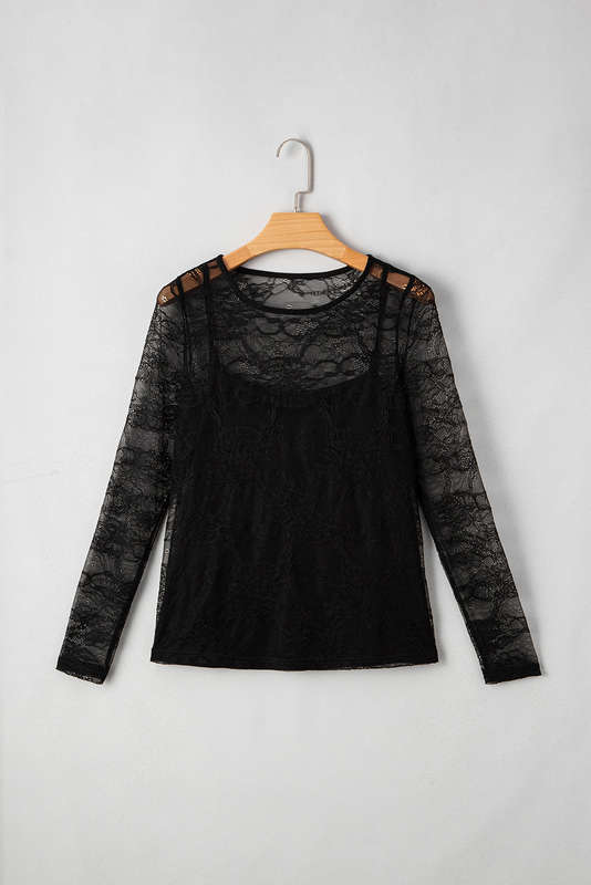 Black Lace Crochet Mesh Patched Slim Fit Long Sleeve Top