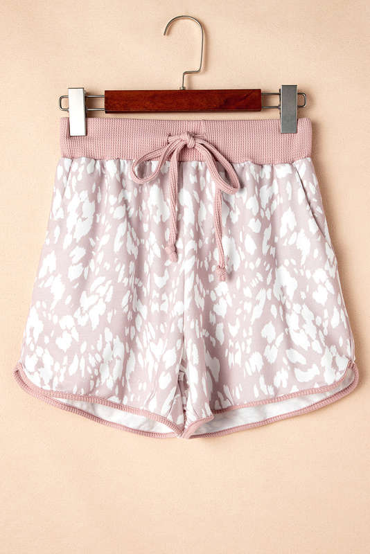 Khaki Classic Leopard Arched Hem Elastic Waist Casual Shorts