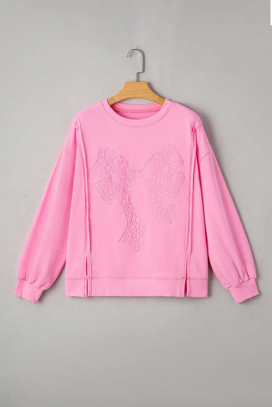 Bonbon Lace Insert Bow Embroidered Exposed Seam Sweatshirt