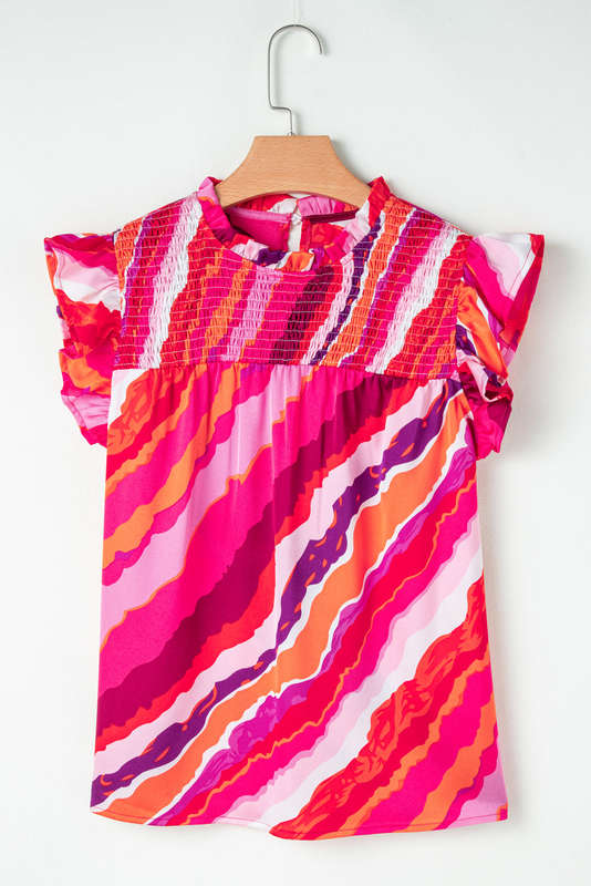 Rose Abstract Print Shirred Yoke Ruffled Blouse
