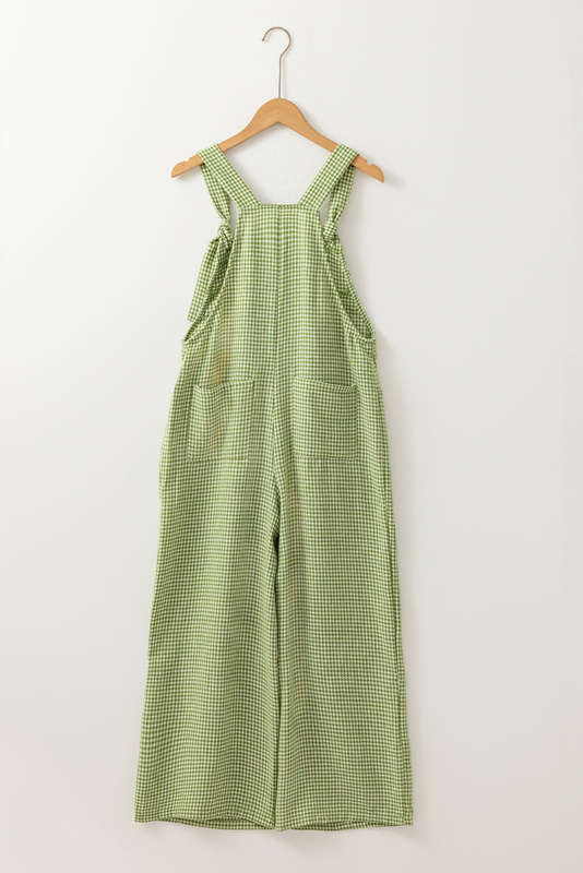 Green Gingham Wide Leg Loose Overall with Pockets