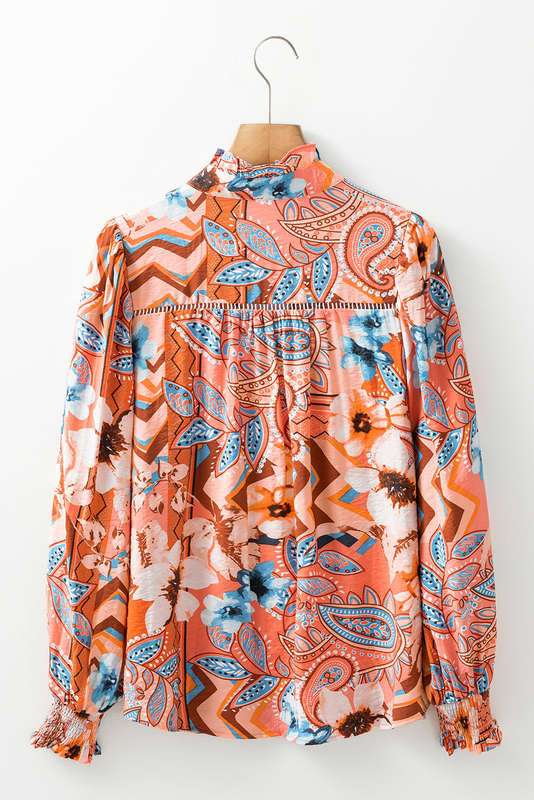 Orange Floral Print Shirred Cuff Buttoned Loose Shirt