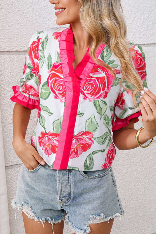 Rose Floral Frilled V Neck Short Sleeve Blouse Top