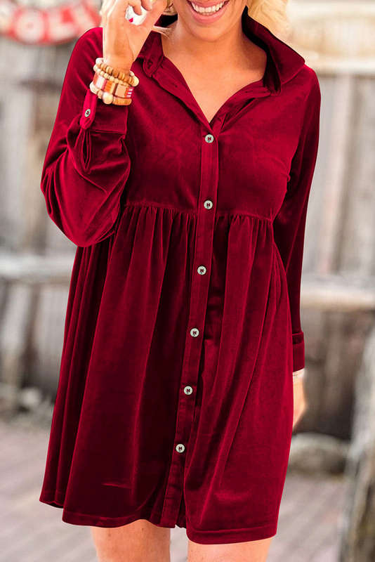 Red Long Sleeve Ruffle Velvet Button Up Dress
