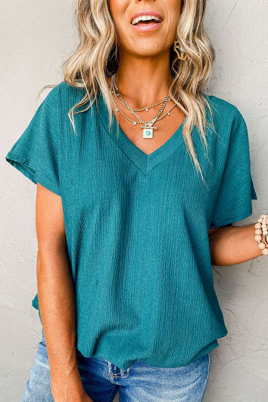 Blue V-Neck Knitted Summer Top with Exposed Seams