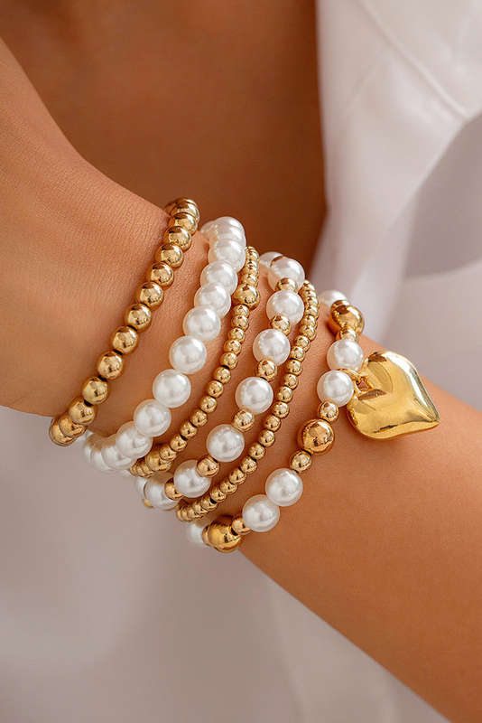 Gold Plated Heart Charm Pearl Beading Multilayer Bracelet