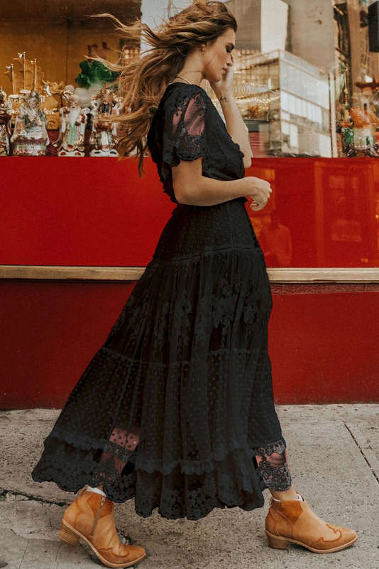 Black Dotty Lace Mesh Flowy Maxi Dress