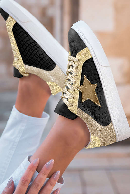 Rose Gold Glitter Star Patchwork PU Leather Lace-up Sneakers
