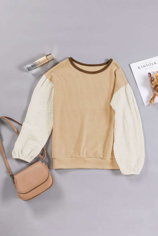 Smoke Gray Textured Patchwork Crew Neck Puff Sleeves Blouse