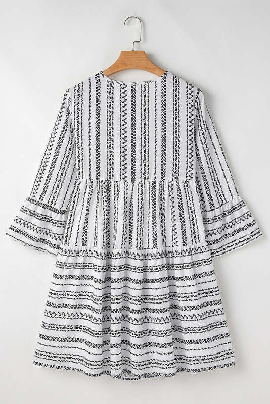 Black Stripe V Neck Bell Sleeve High Waist Mini Dress
