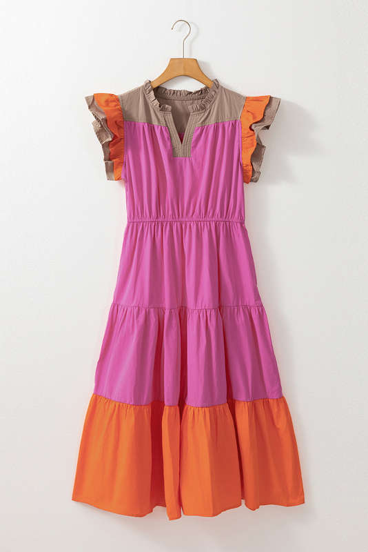 Bonbon Color Block Tiered Notched Neck Ruffle Sleeve Dress