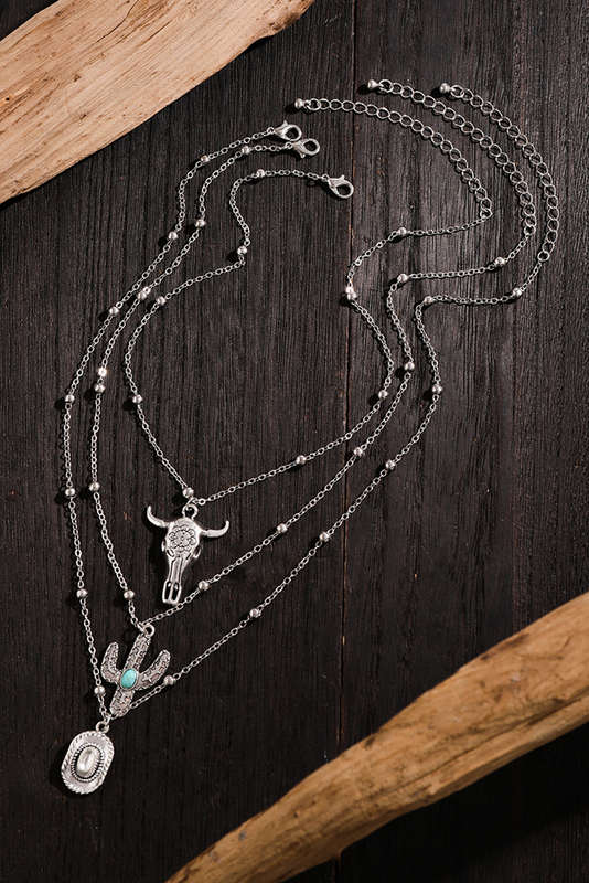 Silvery Western Steer Cactus Pendant Adjustable Multi Layer Necklace