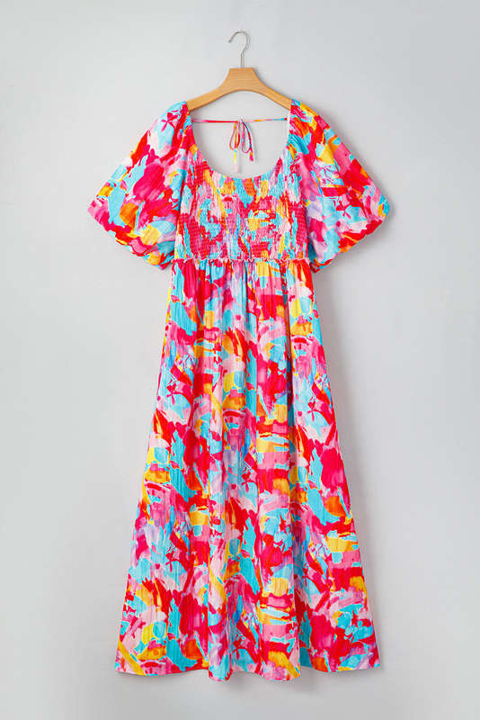 Rose Abstract Printed Puff Sleeve Square Neck Smocked Bust Tied Back Plus Size Dress