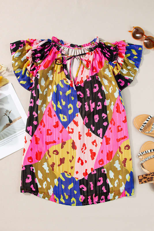 Rose Leopard Flutter Sleeve V Neck Crinkled Blouse