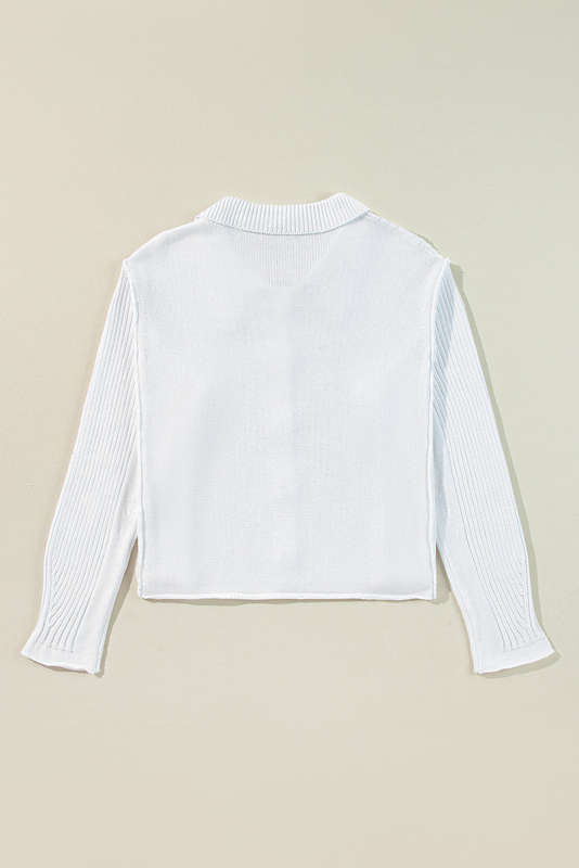 White Collared Button-up Loose Fit Casual Sweater