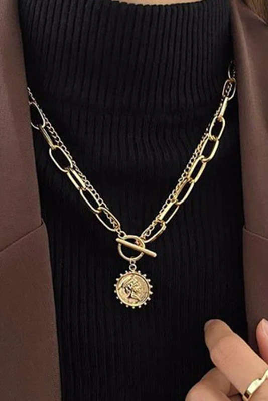 Gold Plated Vintage Carved Coin Pendant Chain Necklace